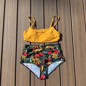 Size Large Yellow Bikini Top and High waisted Jungle Print Bottoms